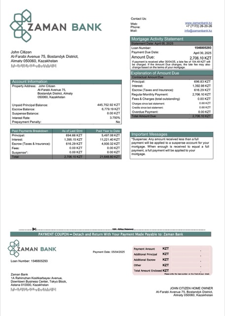 Download Kazakhstan Zaman Bank mortgage statement Word and PDF template Photoshop template